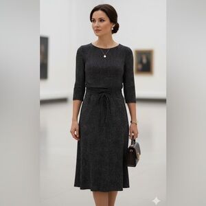 Ann Taylor Polka Dot Pattern Bow Tie Waist 3/4 Sleeve Midi Dress Size 10